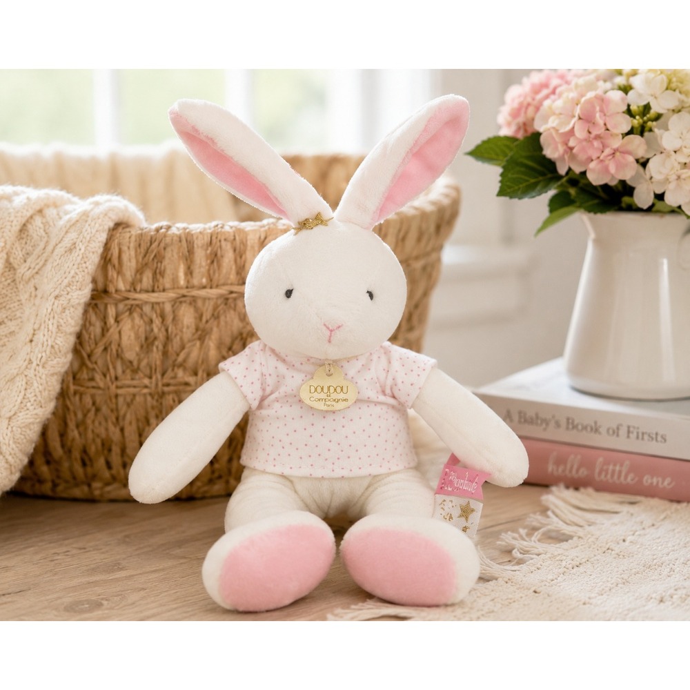 Doudou et Compagnie Bunny Fleur Pantin Plush Rabbit Lovey Pink Polka Dot France